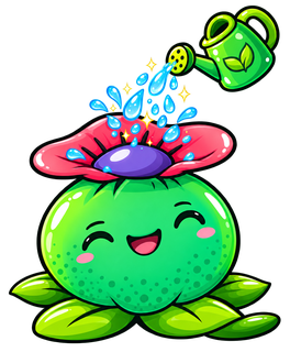 Mascota de Avalon Magic Plants con una regadera